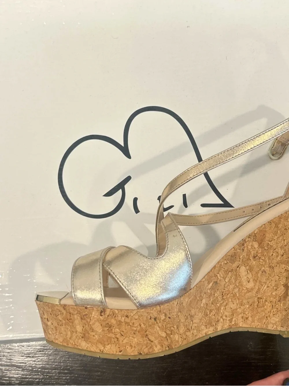 G.I.L.I. Ferrara Patent Leather Rose Gold Criss Cross Cork Wedge Sandals Sz 8